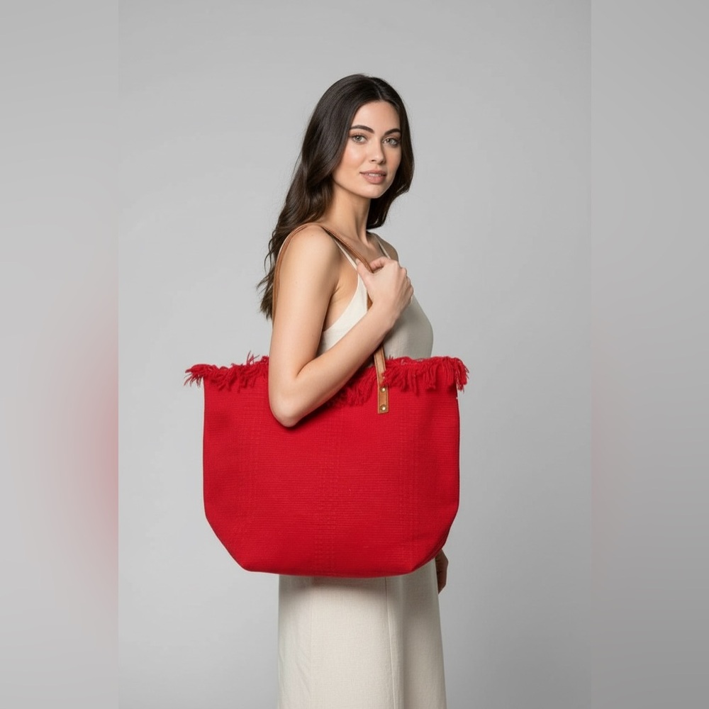 SCARLET FRINGE RED CANVAS TOTE BAG - Picture 4 of 7